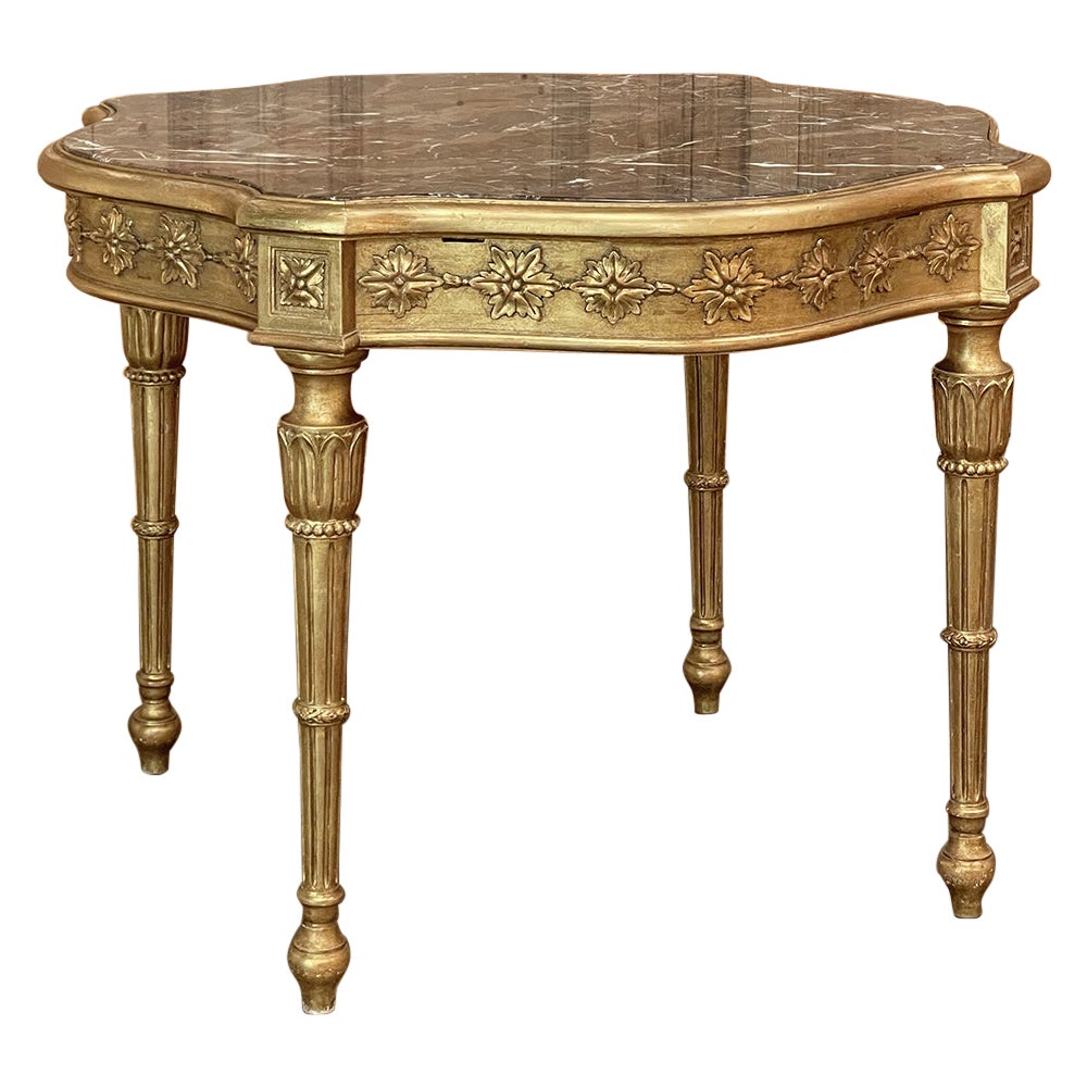 Ancienne table centrale italienne néoclassique Louis XVI en bois doré avec plateau en marbre