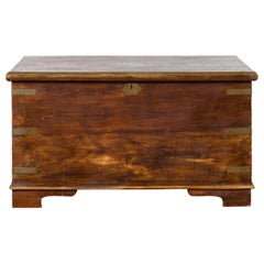 Indian 19th Century Wooden Trunk with Brass Inlay and Bracket Feet