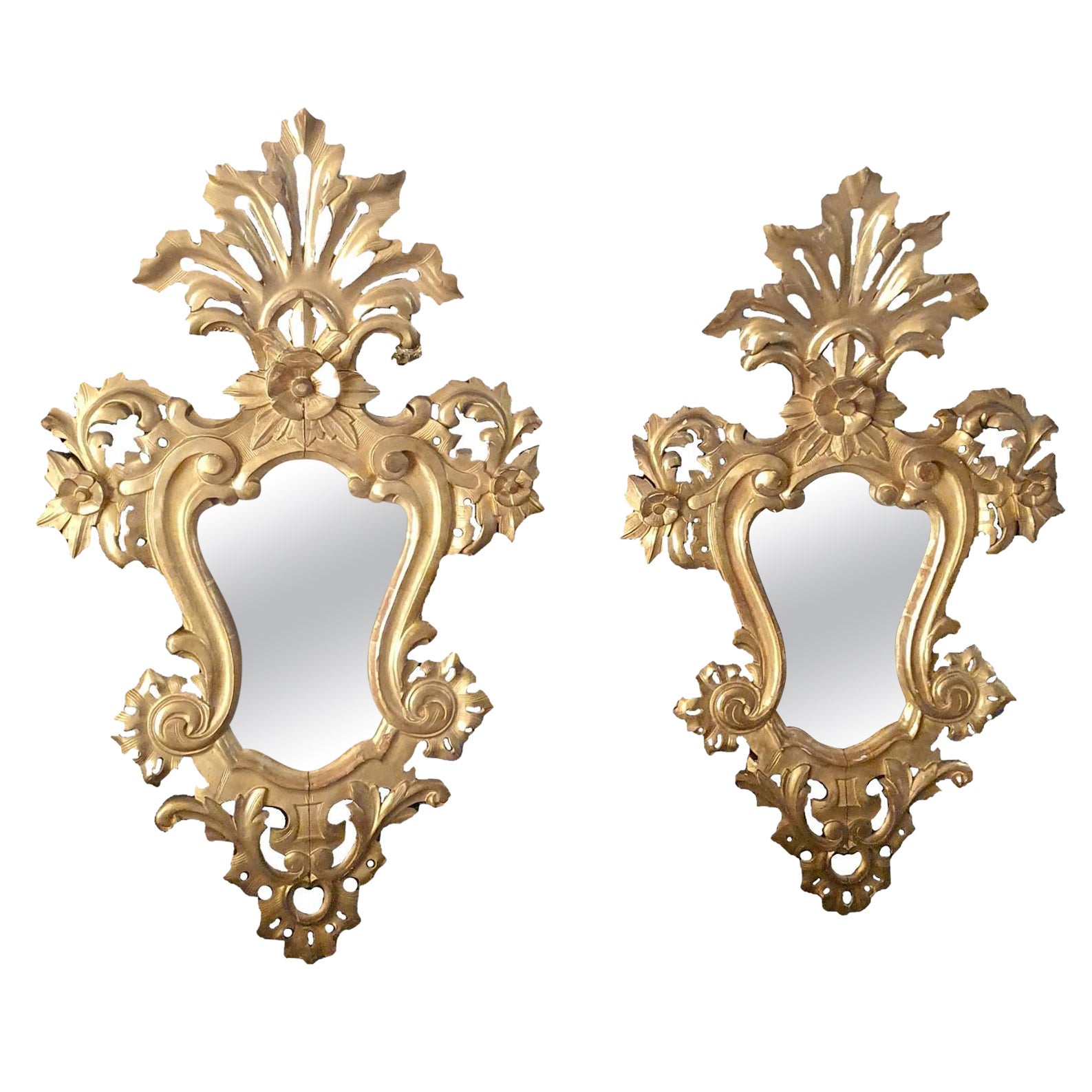 Pair of Mirrors in Carved and Gilded Wood, Pure Gold Leaf, Louis XV Style For Sale
