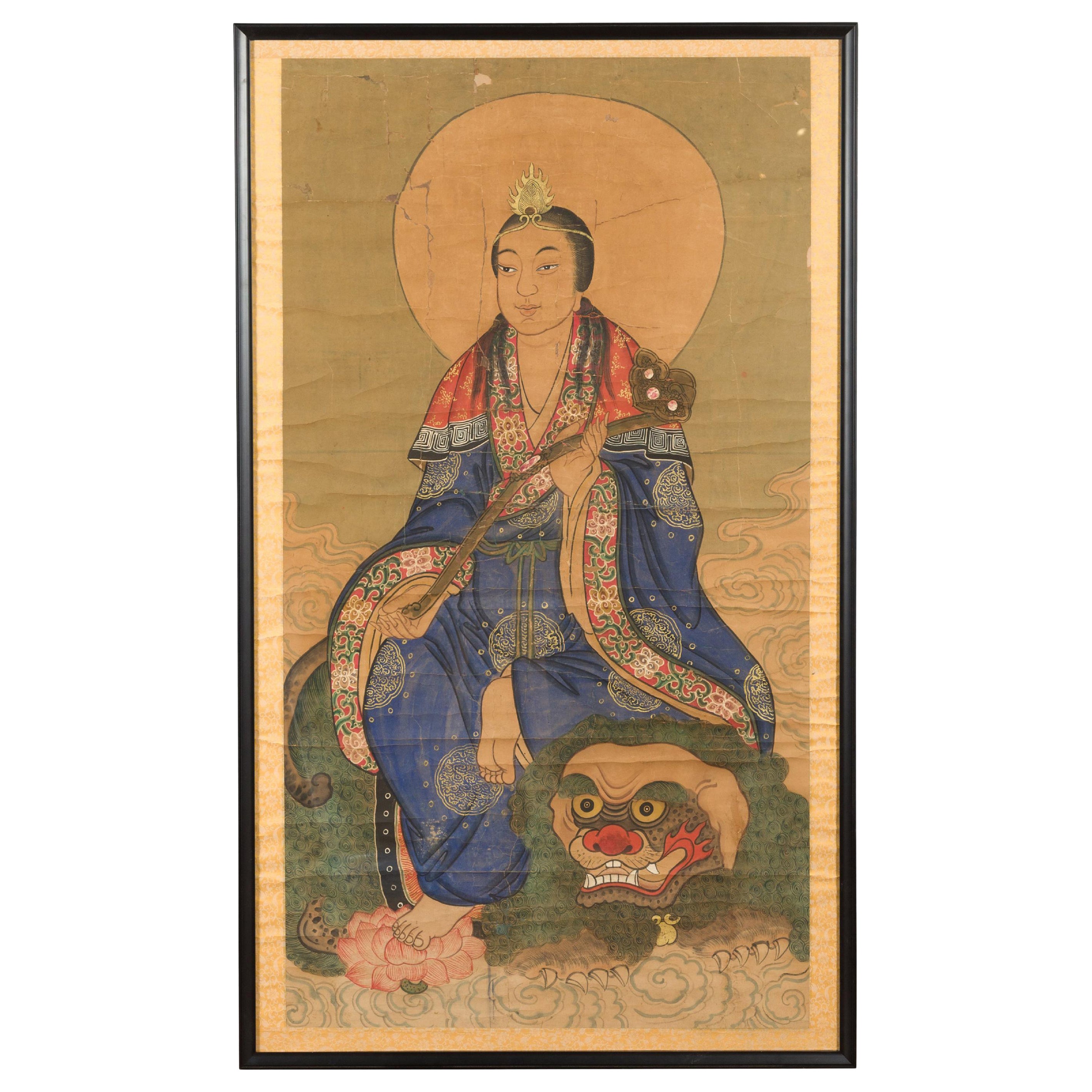 Large Framed Indian 19th Century Painting of Guanyin Sitting on a Dragon