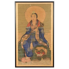 Large Framed Indian 19th Century Painting of Guanyin Sitting on a Dragon