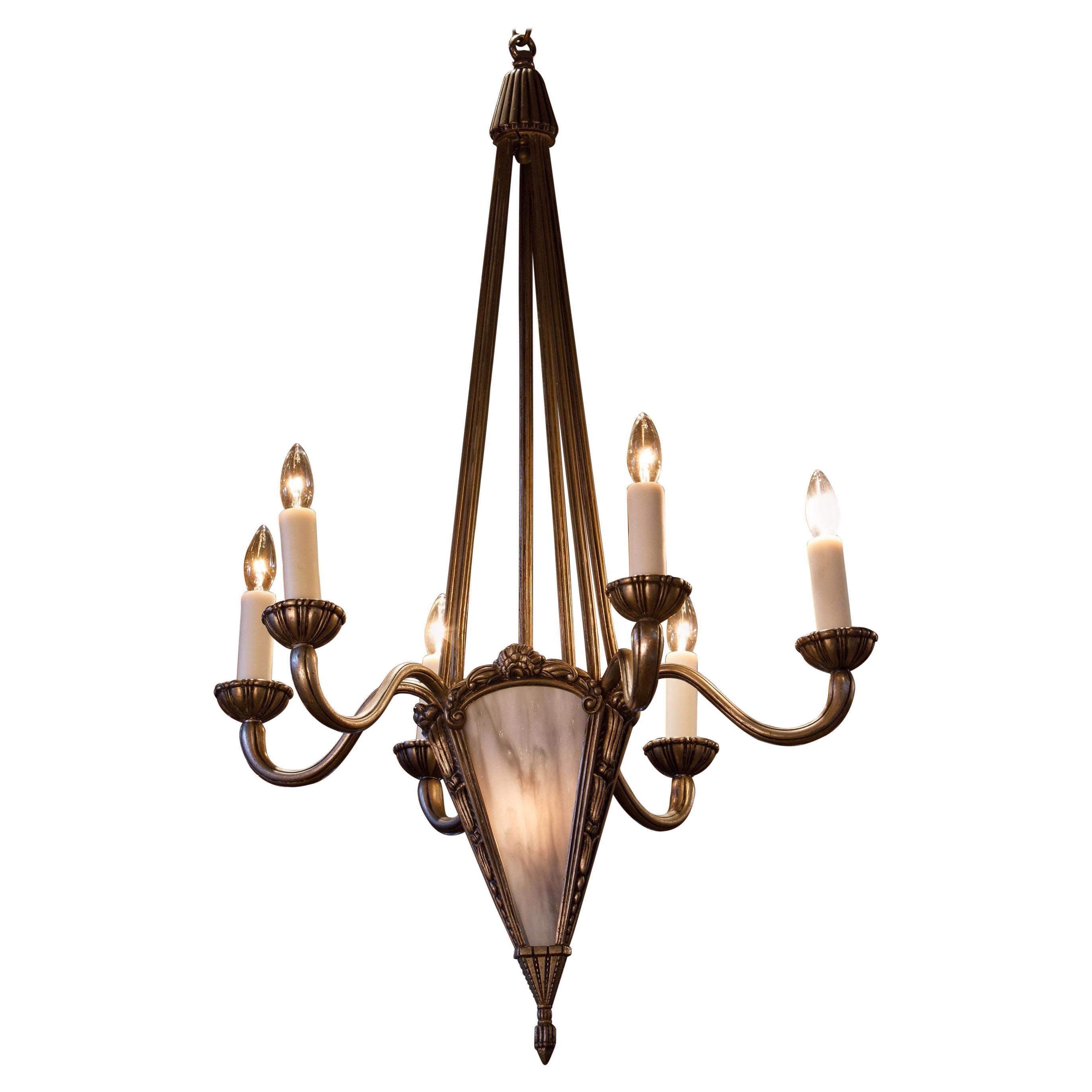 French Art Deco Nickle over Bronze Chandelier with Art Glass Panels