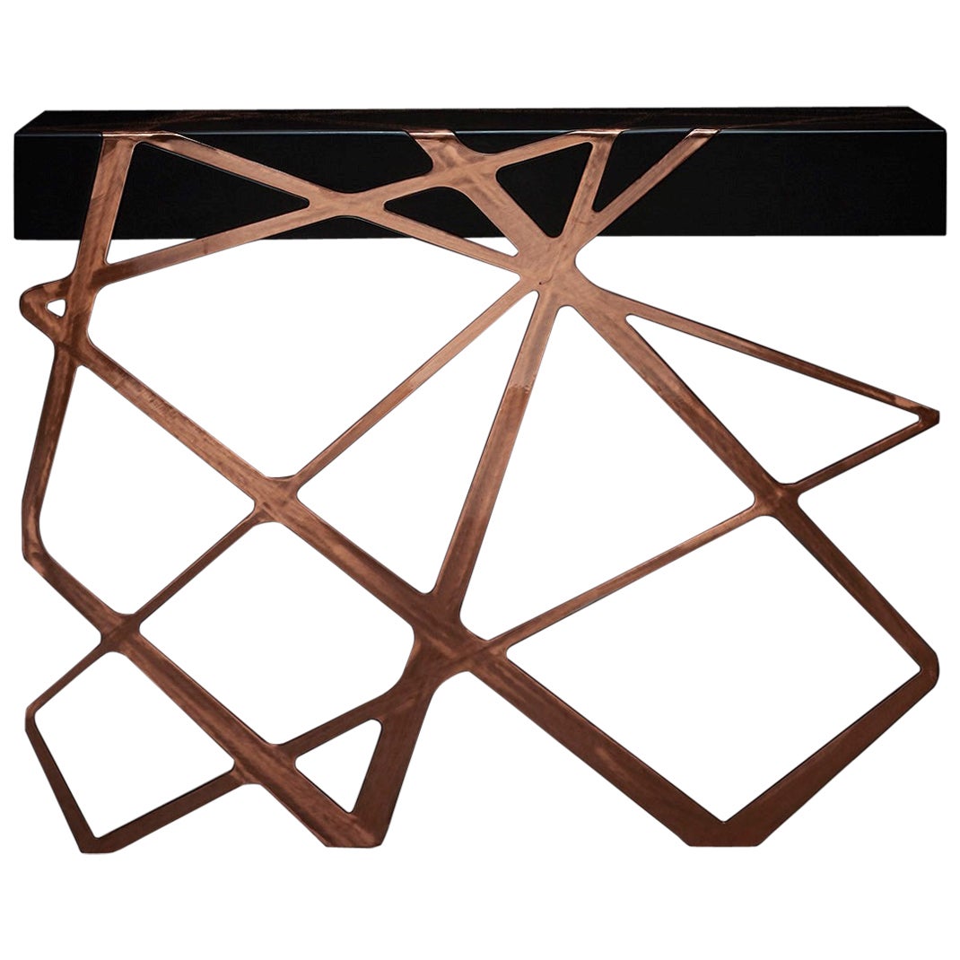 21st Century Modern Console Table Black Lacquered Wood & Chic Industrial Copper