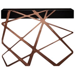 21st Century Modern Console Table Black Lacquered Wood & Chic Industrial Copper