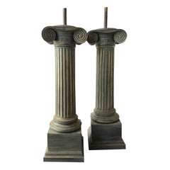 Pair of 1950s Brass Column Lamps with Verdigris Finish