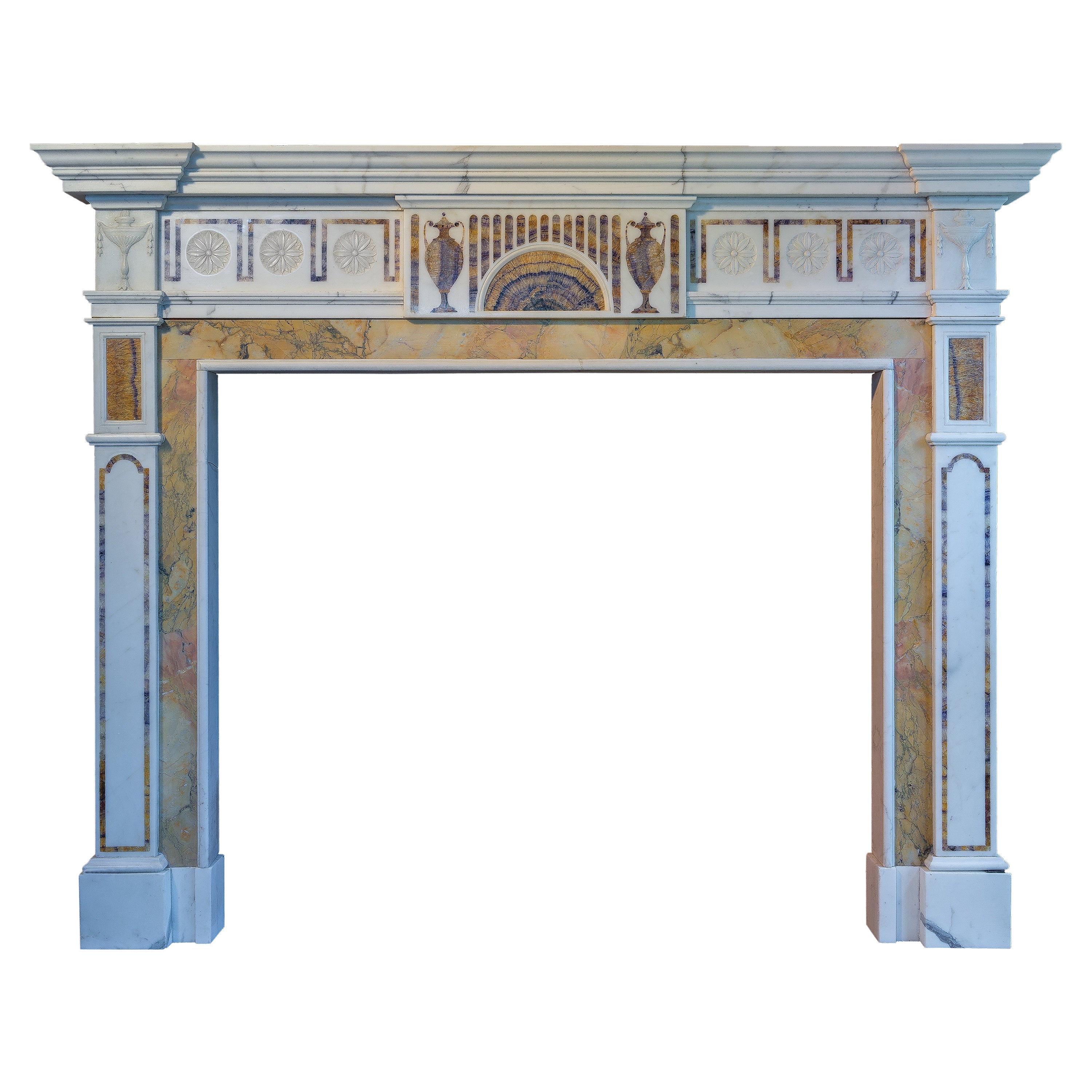 Large Georgian Style Fireplace Mantel in Statuary and Bluejohn Marble For Sale