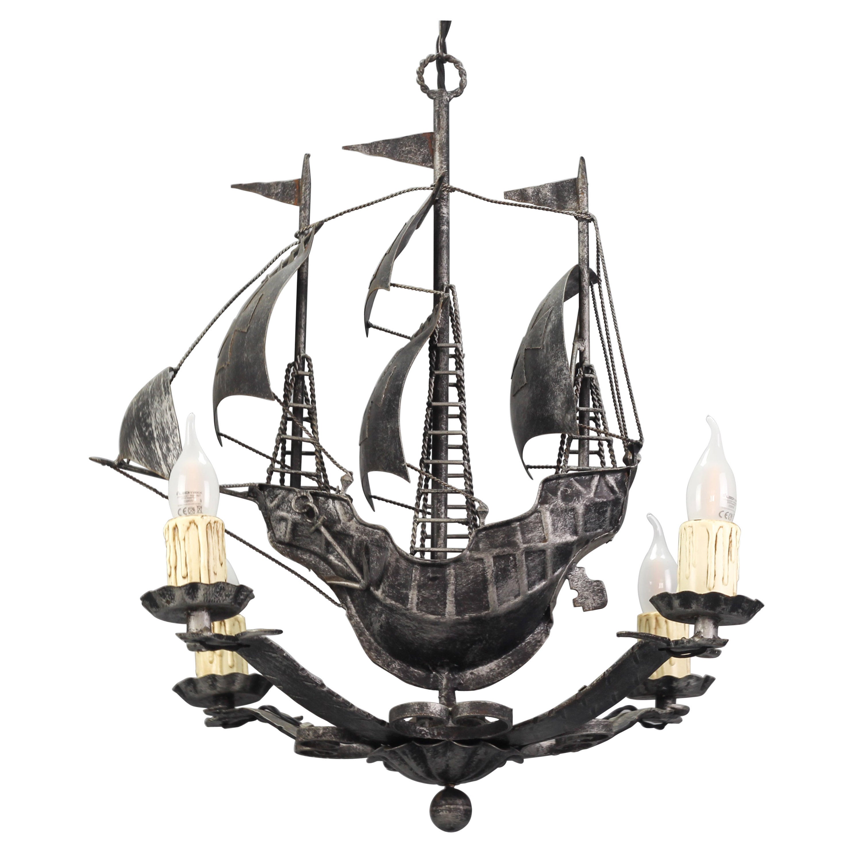Wrought Iron Spanish Galleon Sailing Ship Shaped Four-Light Chandelier, 1950s