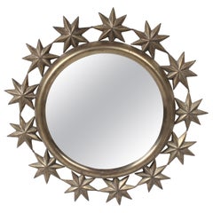 Vintage 1970's Sarreid Round Vanity Brass Mirror with Repousse Star Pattern 
