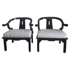 Vintage James Mont Lacquered Horse Shoe Chairs w/ New Silk Upholstery by Century, a Pair