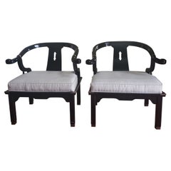 Retro James Mont Lacquered Horse Shoe Chairs w/ New Silk Upholstery by Century, a Pair