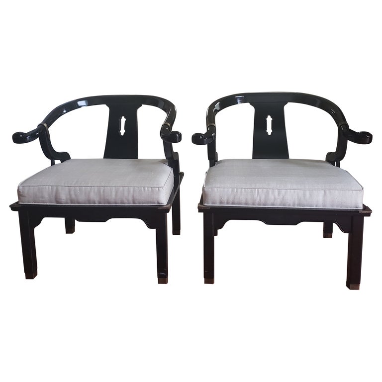 James Mont Lacquered Horse Shoe Chairs w/ New Silk Upholstery by Century, a Pair For Sale