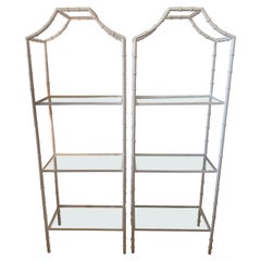 Vintage Pair Metal Faux Bamboo Pagoda Glass Shelves Etageres Newly Powder-Coated