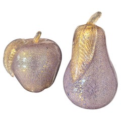 Murano Pear and Apple Sculptures in Lilac Glass with Gold Flecks, C. 1980