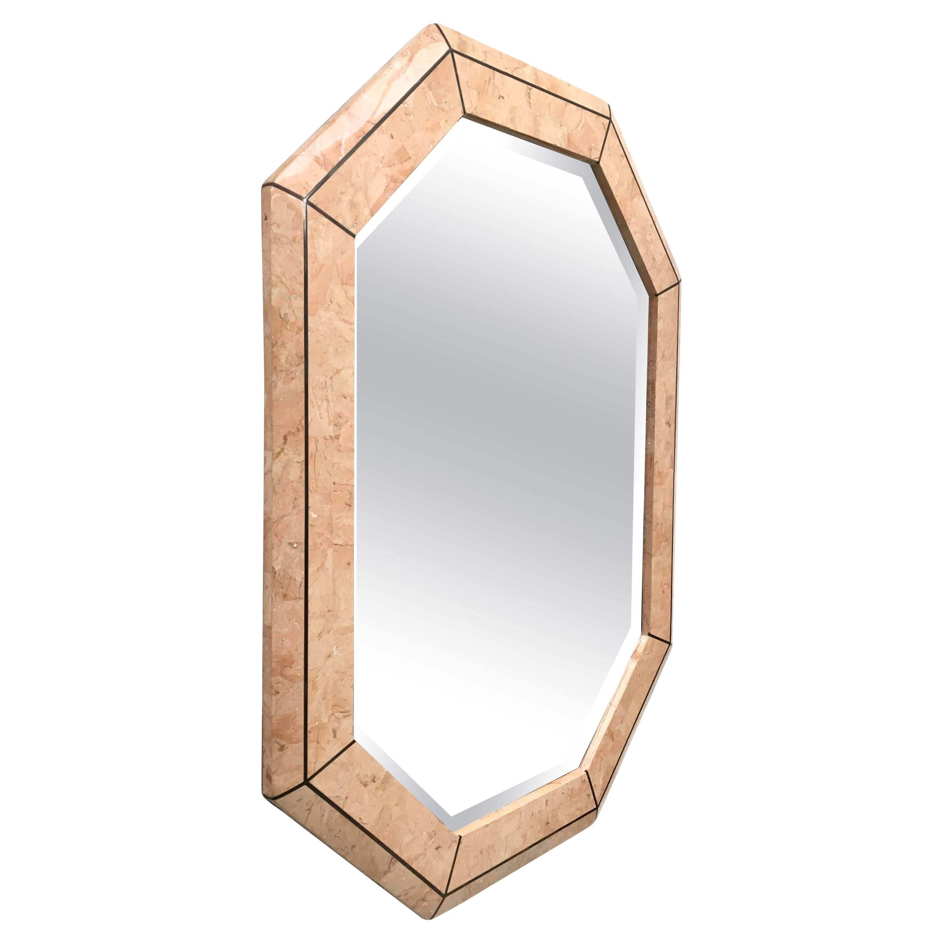 Maitland-Smith Pink Marble Veneer Octagonal Mirror Brass Trim Signed 1980 For Sale