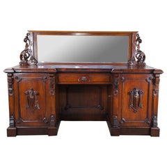 Antique William IV Carved Oak Pedestal Sideboard & Mirror Buffet Server Barback 