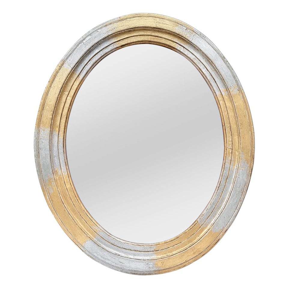 Antique Oval Mirror, Silverwood & Giltwood, 1950's For Sale