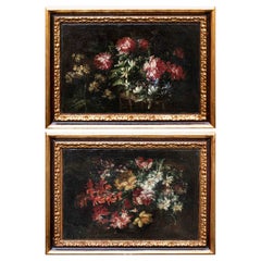 17th Century Pair of Still Lifes with Flowers Paintings Oil on Canvas