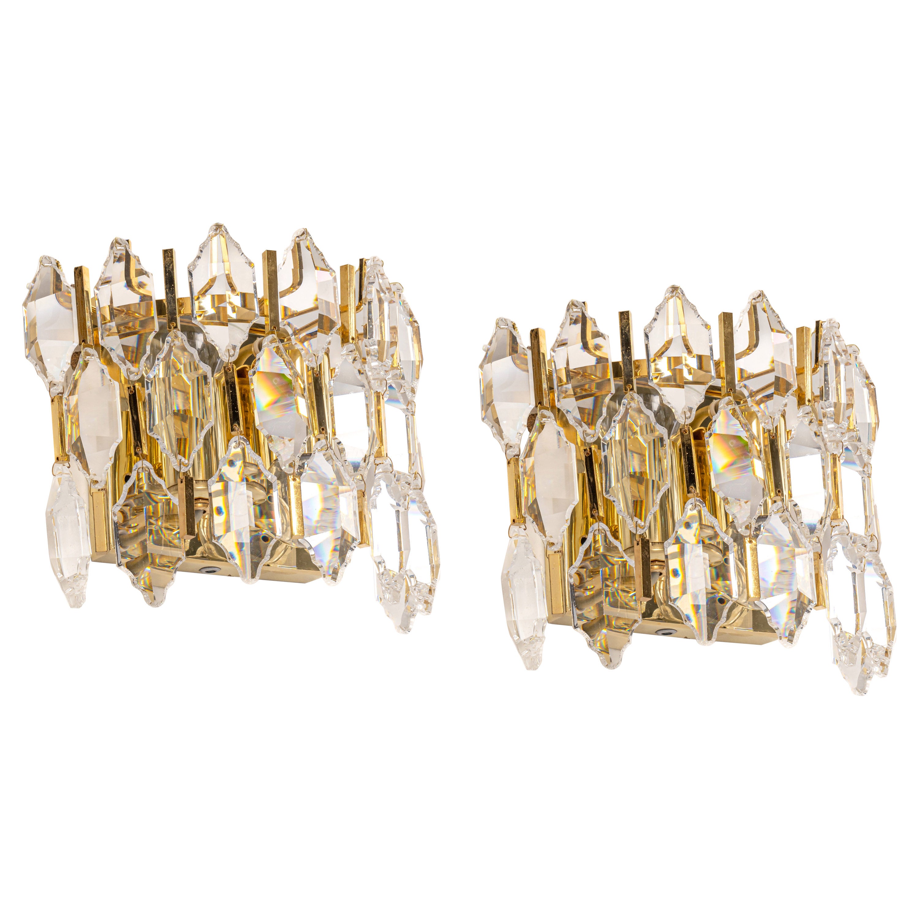 Pair of Golden Gilded Brass and Crystal Sconces by Palwa, Germany, 1970s