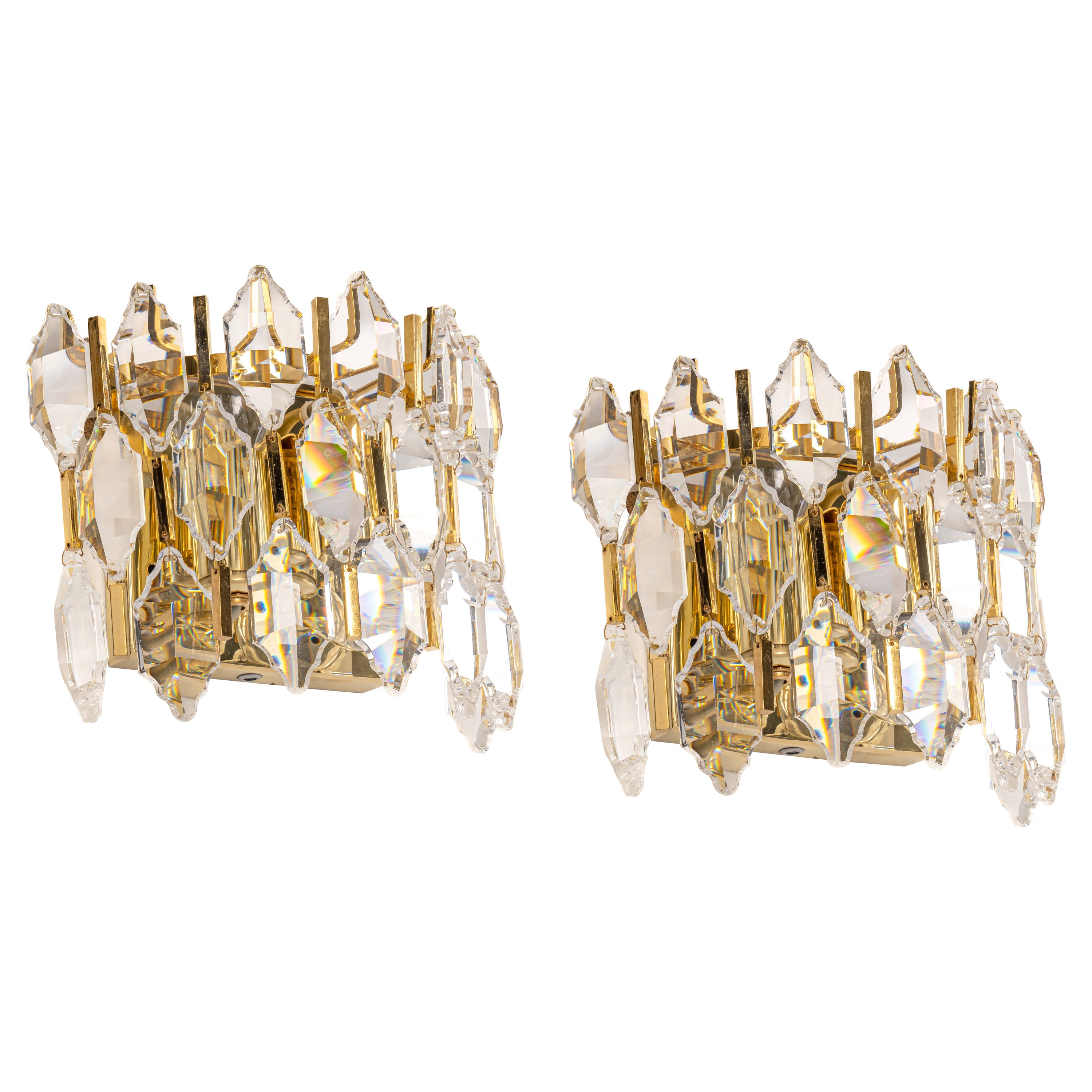 Pair of Golden Gilded Brass and Crystal Sconces by Palwa, Germany, 1970s