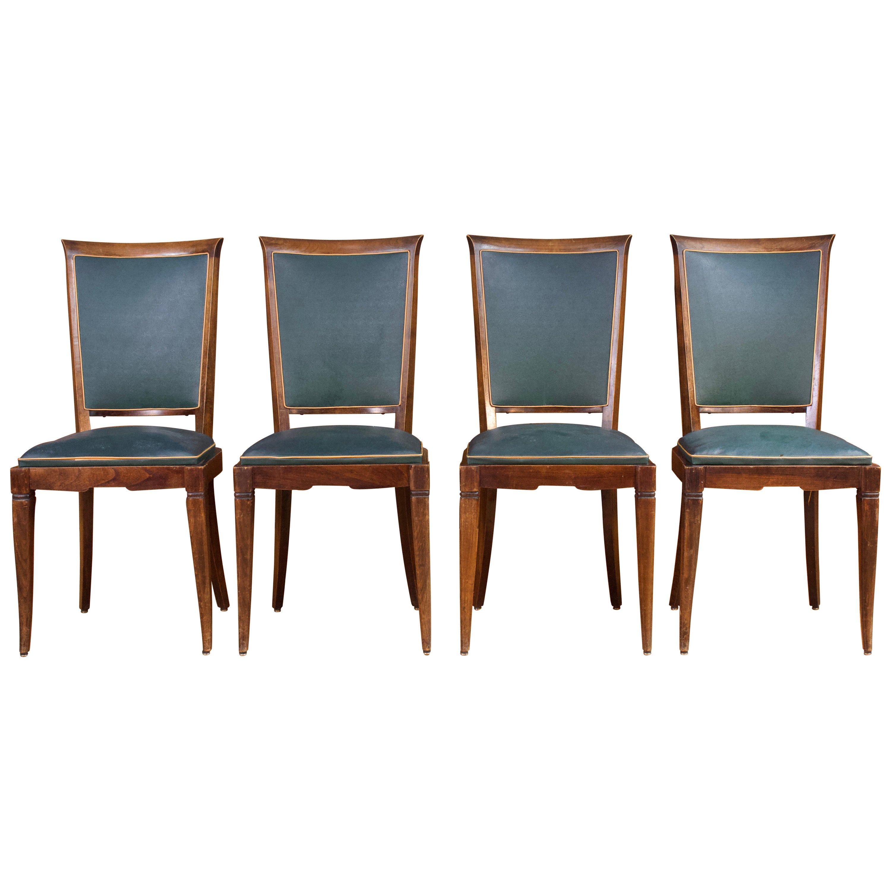 Art Deco Set of Four Wood And Jaguar Green Leatherette Armchairs Circa 1950 For Sale