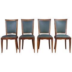 Art Deco Set of Four Wood And Jaguar Green Leatherette Armchairs Circa 1950