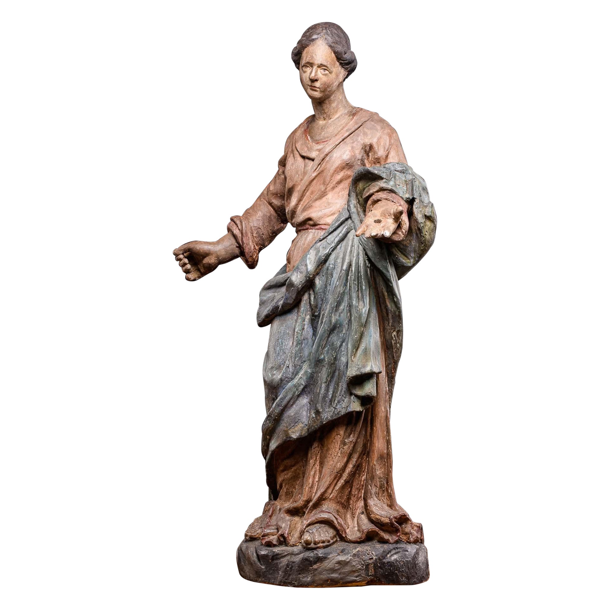 17th C Polychromed Fruitwood Carved Statue Depicting Madonna, France For Sale