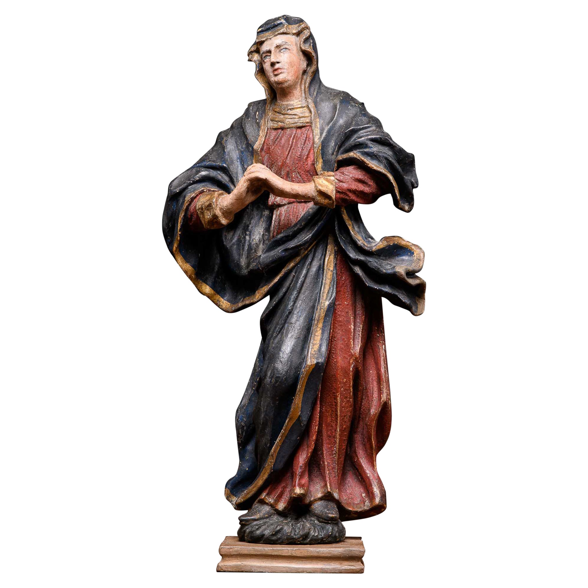 Statue sculptée en bois fruitier polychromé du 18ème siècle représentant Maria Magdalena, Allemagne