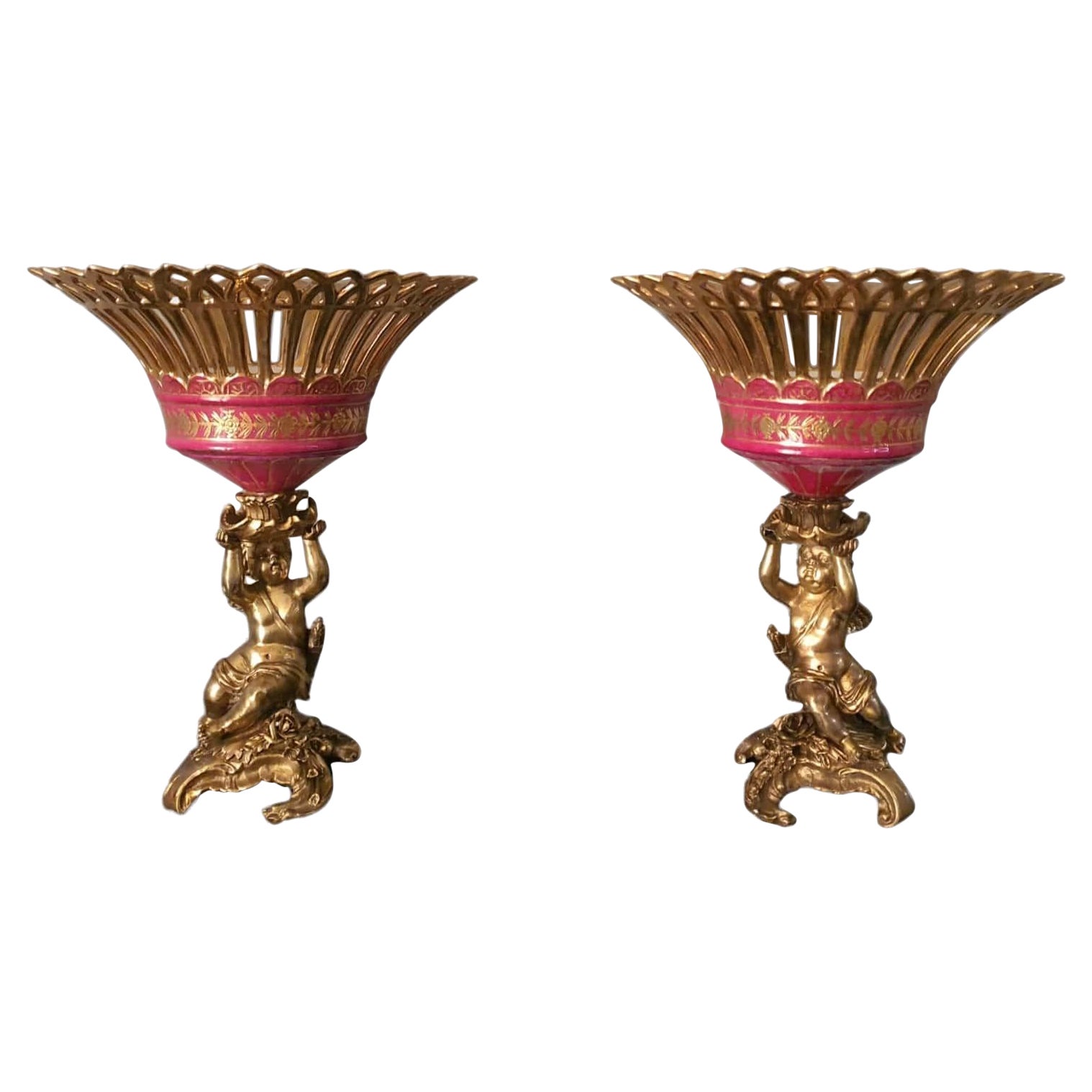 19th Century, Pair of Centerpieces in Gilded Bronze and Porcelain