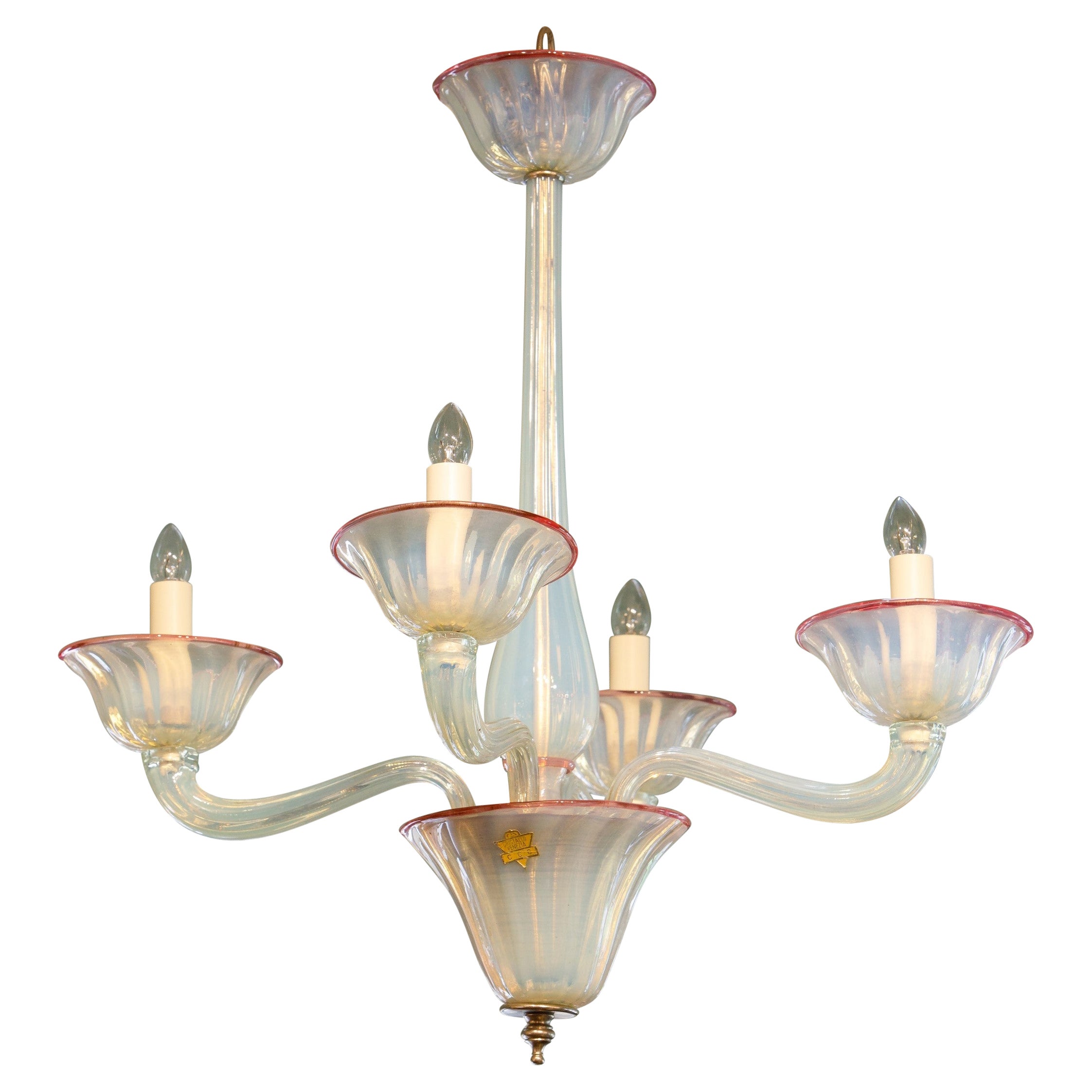 Opaline and Raspberry Murano Glass Chandelier For Sale