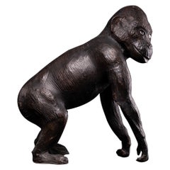 Leather Covered Walking Monkey Statue with Glass Eyes and Beautiful Age Patina