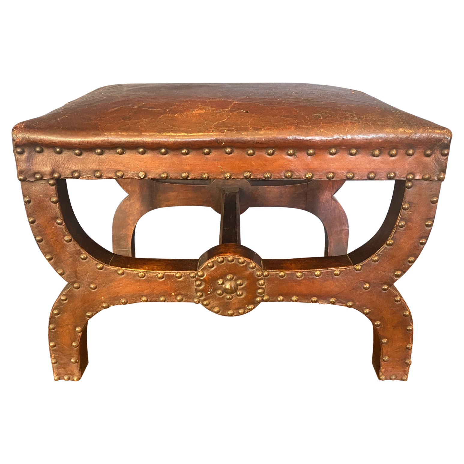 Late 19th Century Arts & Crafts Brown Leather Stool with Brass Nail Head Trim For Sale