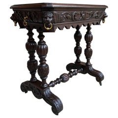 19th Century French Carved Oak Library Table Petite Desk Renaissance Gothic