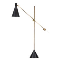 1950s Black Lacquered and Brass Details Floor Lamp by Tapio Wirkkala