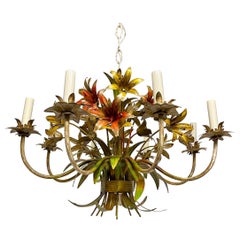 Italian Tole Floral Tole Six Arm Chandelier with Lilies