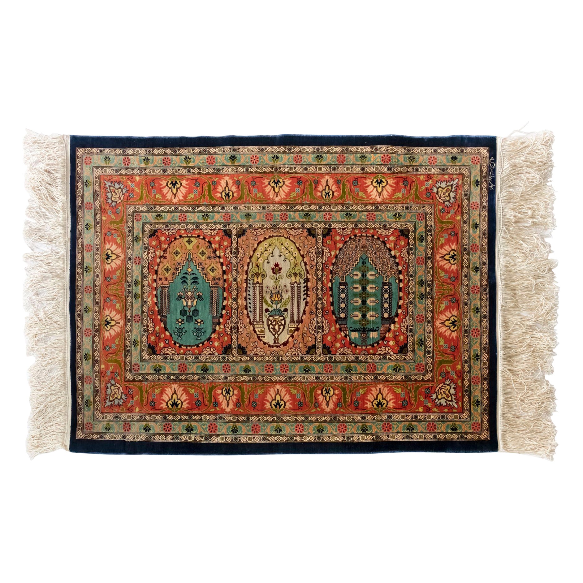SemiAntique Hereke, Pure Silk Signed Turkish Prayer Rug For Sale at