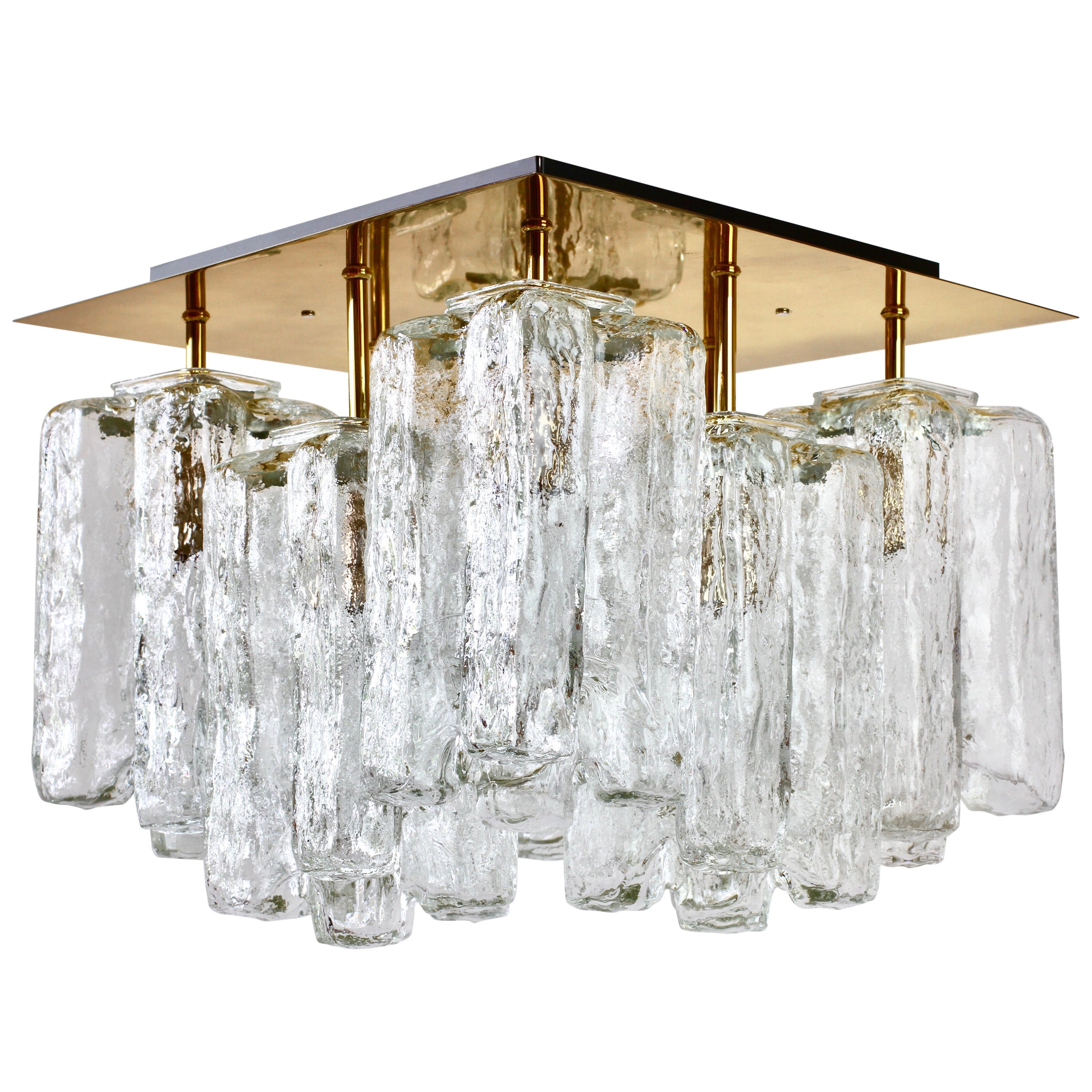 Kalmar Large "Granada" Ice Crystal Glass and Brass Flushmount Austria,  1970s For Sale at 1stDibs