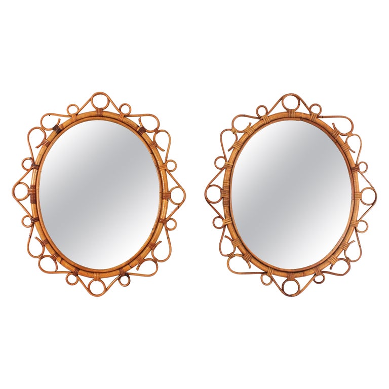 Pair of Spanish Rattan Bamboo Oval Mirrors, 1960s For Sale