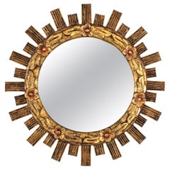 Spanish Sunburst Giltwood Mirror with Flower Details