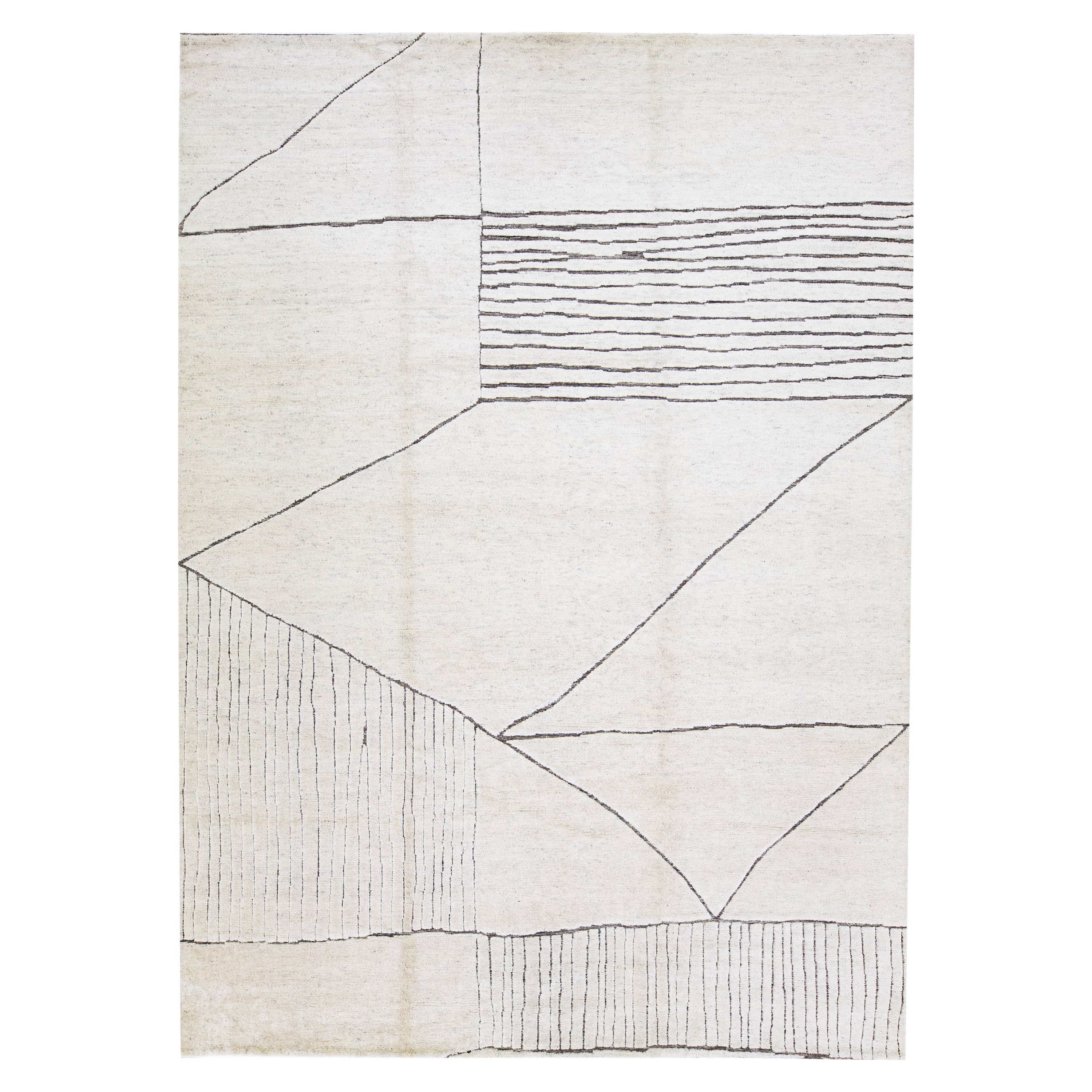 Modern Moroccan Style Ivory Handmade Wool Rug with Geometric Abstract Design