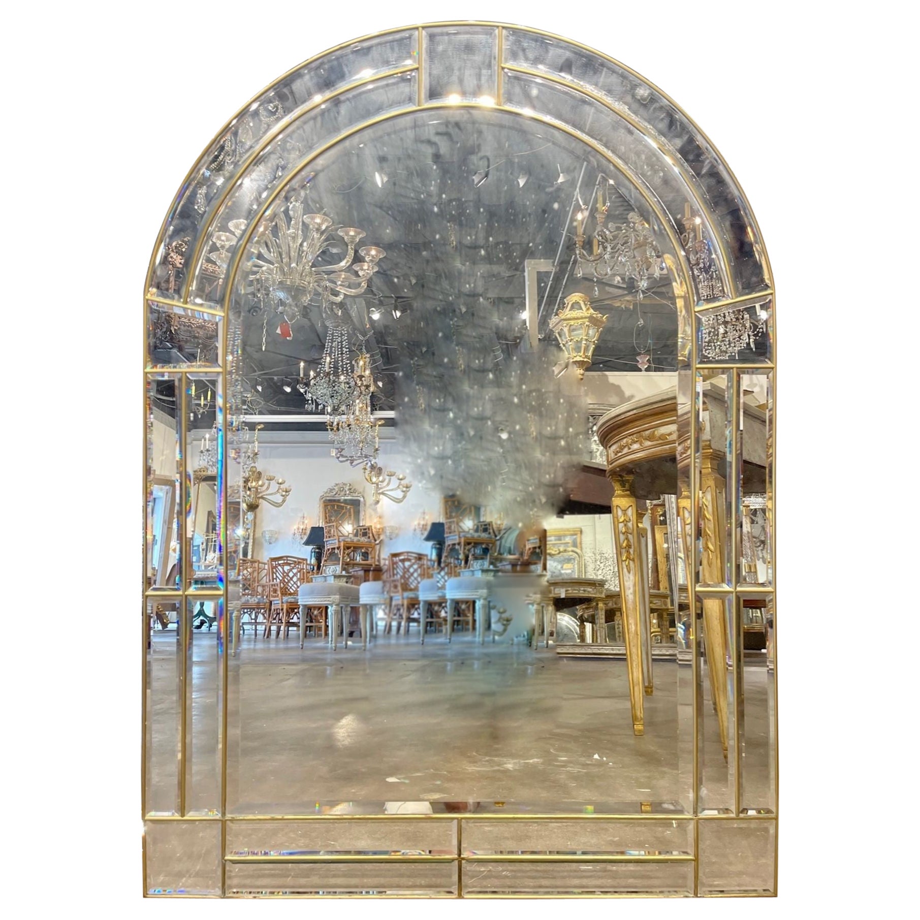 Vintage Italian Beveled Glass and Brass Arch Top Mirror