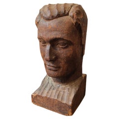 1940s Carved Wood Sculpture of Male Head