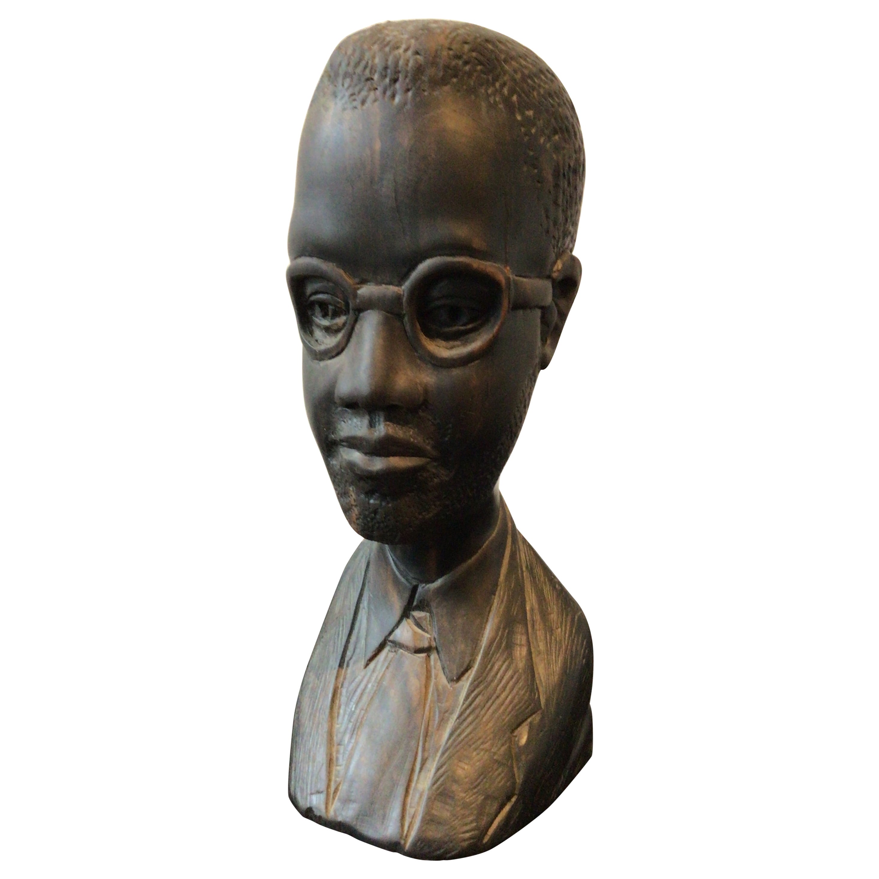 1950s Carved Wood Bust of Man in Glasses and Suit For Sale