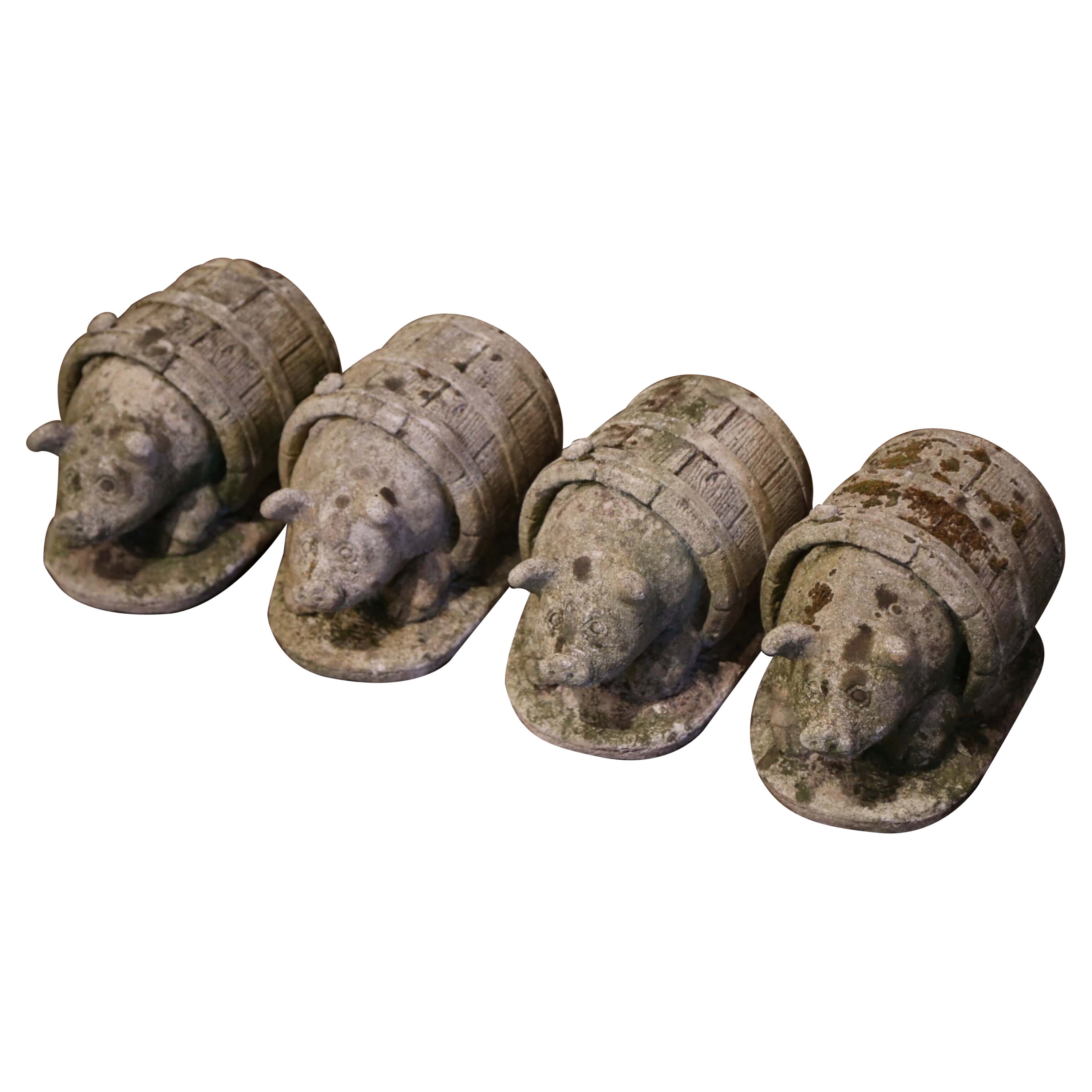 19th Century French Weathered Concrete Pig Sculptures in Barrels, Set of 4