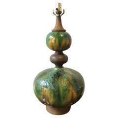 1960s Green Textured Ceramic Round Lamp on Wood Base