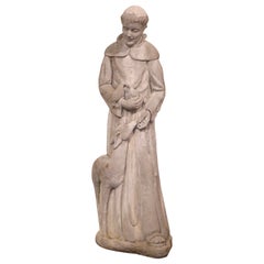 Estatua francesa de San Francisco de hormigón envejecido con cordero y pájaros Fechada en 2001
