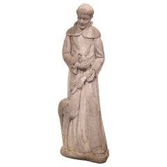 Vintage French Weathered Concrete St. Francis Statue with Lamb and Birds Dated 2001