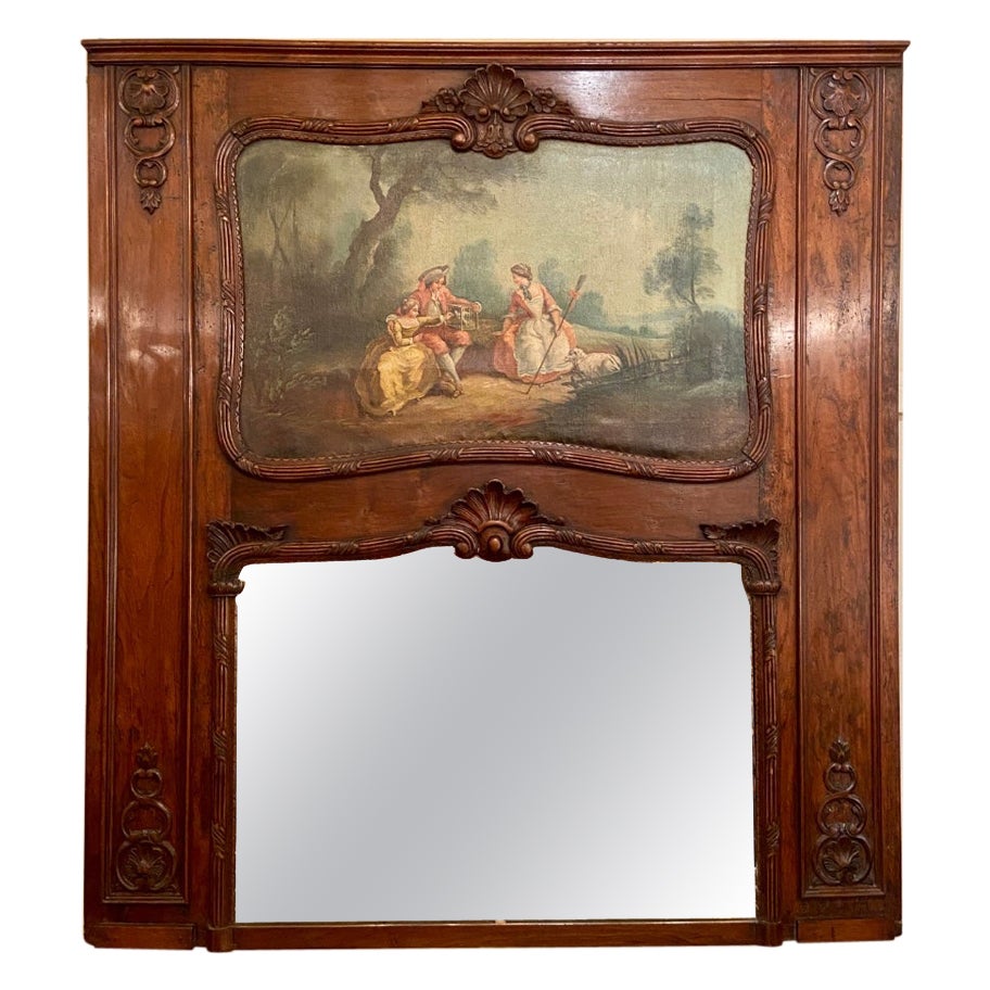 Antiker französischer Trumeau-Spiegel aus Nussbaumholz mit pastoraler Szene aus dem 19. Jahrhundert, um 1890