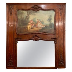 Miroir Trumeau français ancien du 19ème siècle en noyer avec scène pastorale, vers 1890