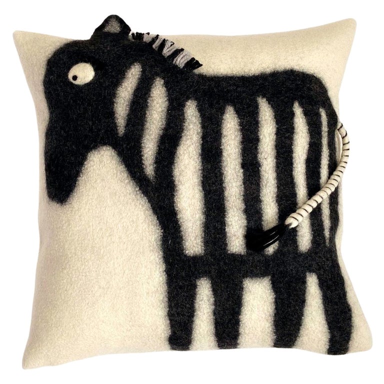 Contemporary Handmade Wool Pillow w/ black and cream Zebra made in South Africa For Sale at 1stDibs