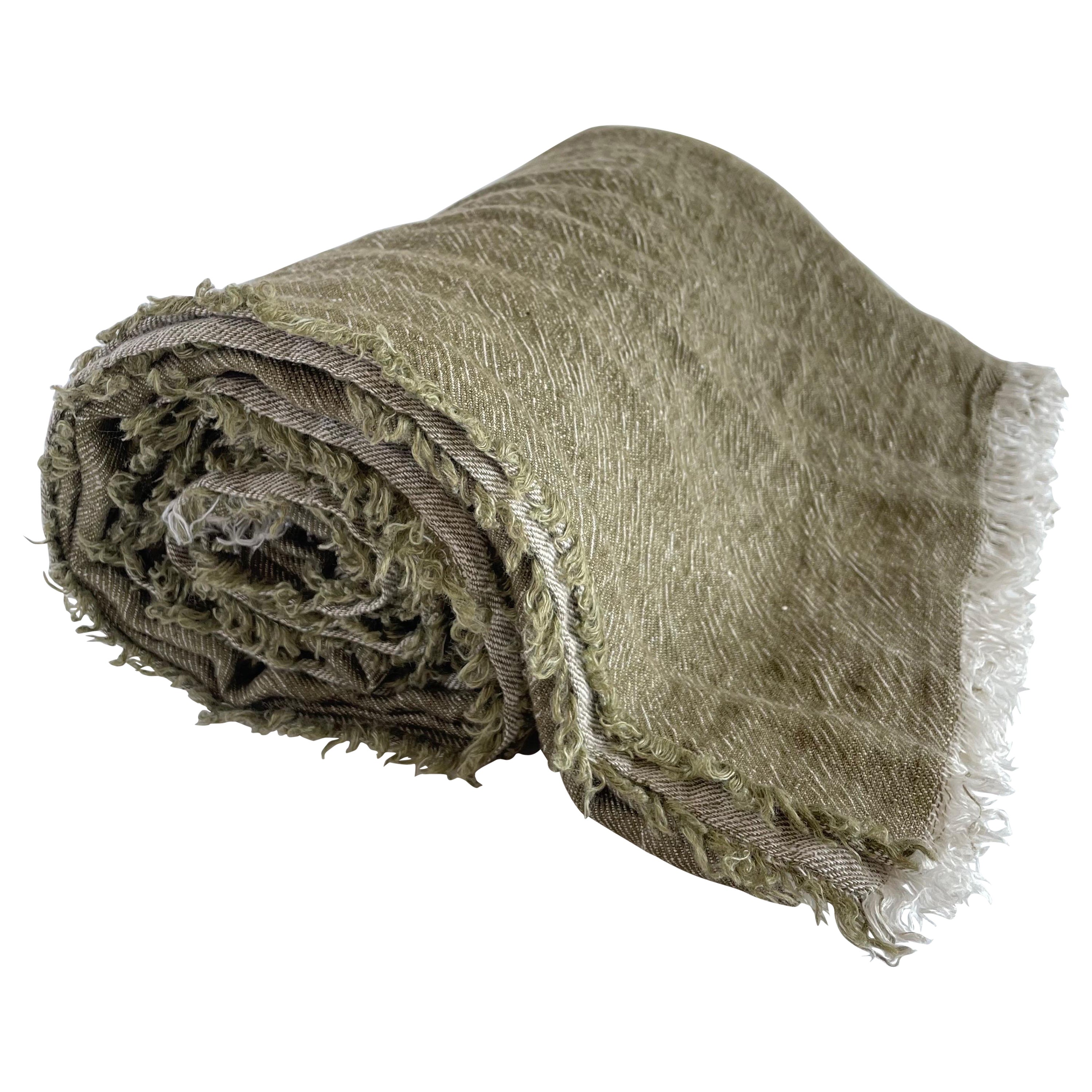 Stone Washed French Linen Throw in Olive Green Color